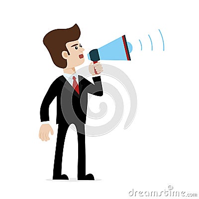 An adult white man in suit making an announcement with loudspeaker. Vector Illustration