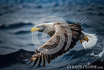 An adult white tailed sea eagle soaring above Japans Nemuro Strait Stock Photo