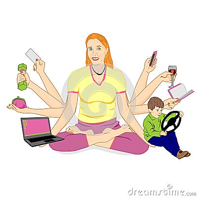 An adult woman with eight hands sits in a lotus position and holds various items. The concept of a modern woman who manages to do Vector Illustration