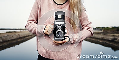 Adult Woman Hands Holding Classic Camera Stock Photo