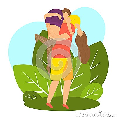 Adult woman hugging child in park. Mother's love, warm embrace with daughter outdoors. Family bonding and maternal Vector Illustration