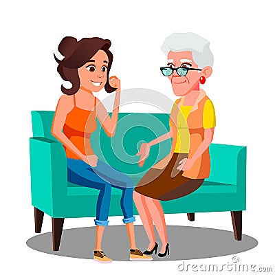 Adult Woman Talking To Her Mature Mother On The Couch Vector. Isolated Illustration Vector Illustration