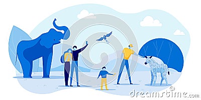 Adult and Young People Visitors at Safari Park Zoo Vector Illustration