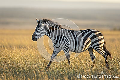 Adult zebra walking through grass in warm morning sunlight in Masai Mara in Kenya Stock Photo