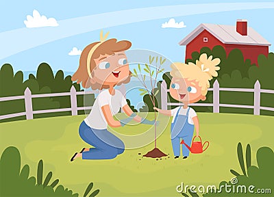 Adults help planting. Kids with parents planting tree eco environment background gardening education vector Vector Illustration