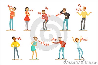 Adults Hysterically Laughing Out Loud Set Of Cartoon Characters With Laughter And Giggle Spelled In Text Vector Illustration