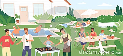 Adults and kids spending time in backyard at barbecue party or picnic. People performing recreational activities in Vector Illustration