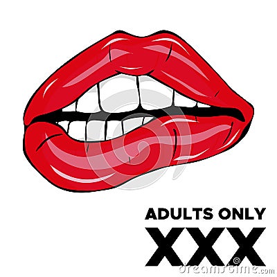 Adults Only XXX. Sweet pop art Pair of Glossy Vector Lips. Open wet red lips with teeth pop art illustration Cartoon Illustration