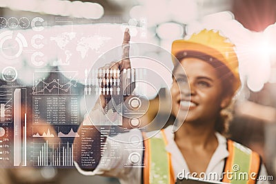 Advance technology innovation for factory engineering solution information display overlay with women engineer worker happy to use Stock Photo