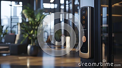 Advanced access control reader fingerprint & password security modern office environment high-tech design perspective Cartoon Illustration