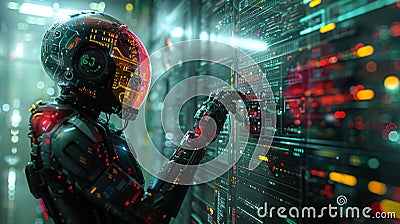 Advanced AI humanoid robot interfacing with interface server room data panels in a high-tech cybernetic environment Stock Photo