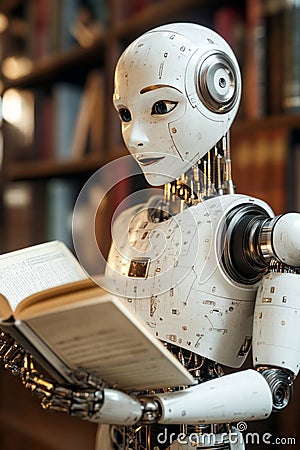 Advanced AI Robot Immersed in Learning, Exploring the World of Knowledge Through Books Stock Photo