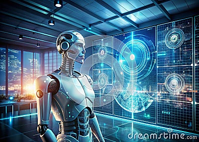 Advanced AIPowered Data Analytics Control Center A Futuristic Double Exposure of Robotic Automation and Data Stock Photo