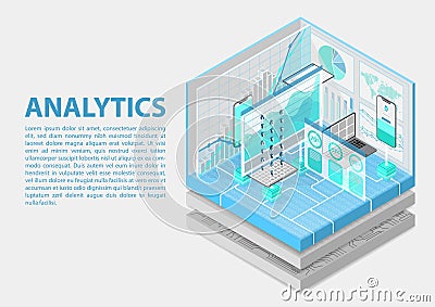 Advanced Analytics isometric vector illustration. Abstract 3D infographic with mobile devices and data dashboards Vector Illustration