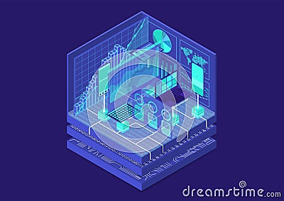 Advanced Analytics isometric vector illustration. Abstract 3D infographic with mobile devices and data dashboards Vector Illustration