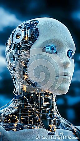 Advanced Android Close-Up of Artificial Intelligence with Complex, Glowing Cybernetics Stock Photo