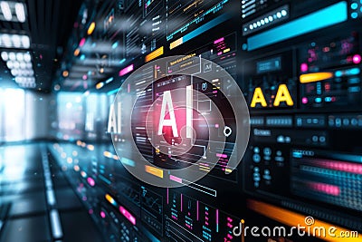 Advanced artificial intelligence interface with vibrant neon colors, data streams, and futuristic technology in a high tech cor Stock Photo