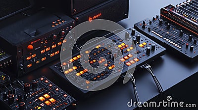 Advanced audio processing setup with led indicators modern studio hardware display low light technical concept Cartoon Illustration