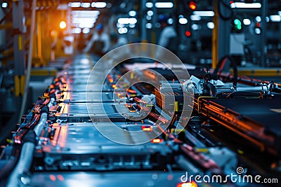 Advanced automated production line with robotic arms assembling electronic components in factory. Stock Photo