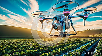 An advanced autonomous robot drone equipped with sensors and AI technology is operating in an agricultural field, showcasing the Stock Photo