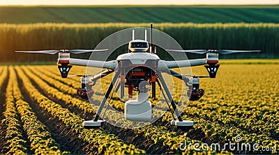 An advanced autonomous robot drone equipped with sensors and AI technology is operating in an agricultural field, showcasing the Stock Photo