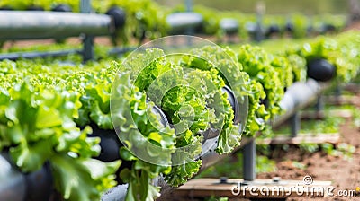 Advanced autonomous robots navigate through a maze of hydroponic lettuce tubes using precise movements to expertly Stock Photo