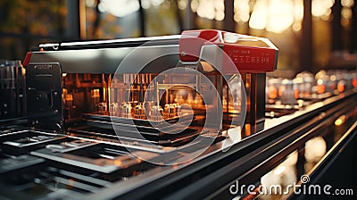 Advanced bioprinter in lab detailed view of components, empty cartridges, printing progress display Stock Photo