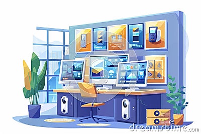 Advanced CCTV systems safeguard through secure, technology-driven monitoring, integrating wireless controls for enhanced surveilla Cartoon Illustration
