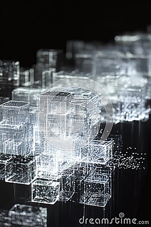 Advanced code block visualization showing algorithmic transformation through stunning geometric light effects Stock Photo