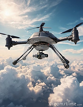 An advanced combat drone hovers above fluffy clouds, preparing to deploy its payload in a military operation Stock Photo