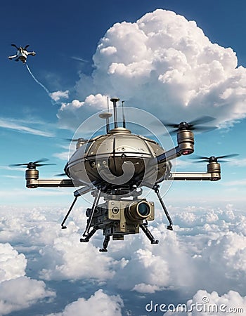 An advanced combat drone hovers above fluffy clouds, preparing to deploy its payload in a military operation Stock Photo