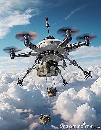 An advanced combat drone hovers above fluffy clouds, preparing to deploy its payload in a military operation Stock Photo