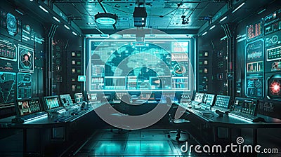 An advanced command center with multiple screens displaying data and world maps. The room has a futuristic design with blue Stock Photo