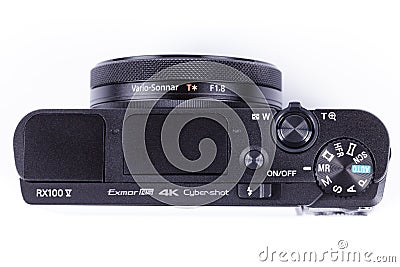 Advanced compact camera Sony DSC-RX100 M5 isolated on white Editorial Stock Photo