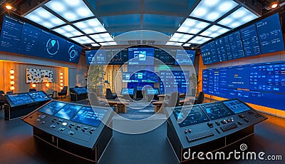 Advanced Control Room: Data Monitoring Technical Operations in Modern Command Centers Stock Photo