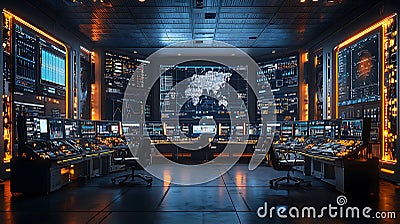 Advanced control room with robotics, featuring high tech screens and data displays Stock Photo