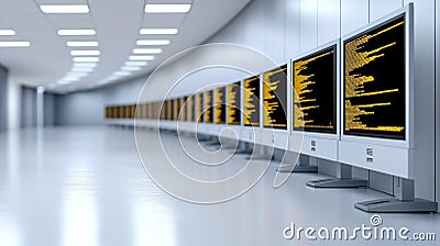 Advanced cybersecurity operations center with multiple monitors displaying data. environment is sleek and modern Stock Photo