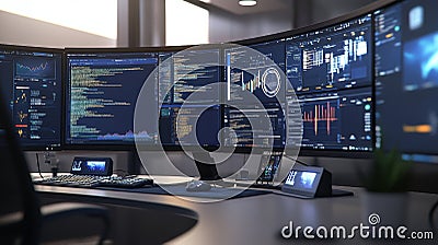 Advanced Cybersecurity Programming Setup with Multiple Monitors Stock Photo