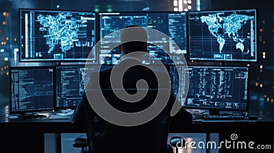 Advanced cybersecurity tech monitoring threats protecting digital systems cloud network ensuring secure digital business Stock Photo