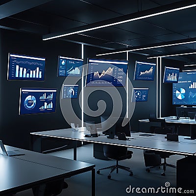 Advanced Data Analytics Center with High-Tech Monitors and Global Projections. Stock Photo