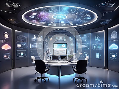 Advanced Data Analytics Center with High-Tech Monitors and Global Projections Stock Photo
