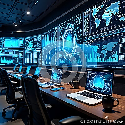 Advanced Data Analytics Center with High-Tech Monitors and Global Projections. Stock Photo
