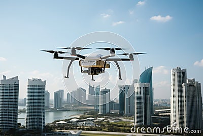 Drone Transporting Financial Sheets Amidst Urban Towers Stock Photo