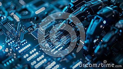 Advanced Edit Concept: Modern Authentic Robotic Arm Holding Contemporary Super Computer Processor Moving into Focus. CPU Stock Photo