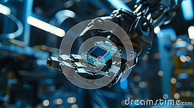 Advanced Edit Concept: Modern Authentic Robotic Arm Holding Contemporary Super Computer Processor Moving into Focus. CPU Stock Photo