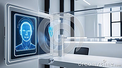 Advanced facial ID system, hologram interface, data security visualization, and AI analysis in progress create futuristic Stock Photo