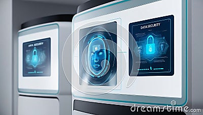 Advanced facial ID system, hologram interface, data security visualization, and AI analysis in progress create futuristic Stock Photo