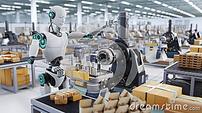 Advanced Factory Worker Robot Operating Machinery in a High-Tech Assembly Line with Humanoid Design and Safety Features for Stock Photo