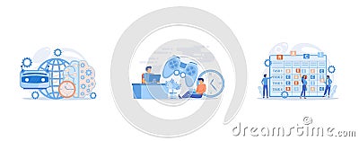 Advanced, futuristic artificial intelligence, Tiny people gamers playing online video game, huge joystick and clock, Tiny business Vector Illustration