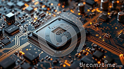 Advanced GPU/CPU Microchip for AI Technology: Close-Up Shot on a Powerful Computer Board - Wide Banner Design with Copy Space Stock Photo